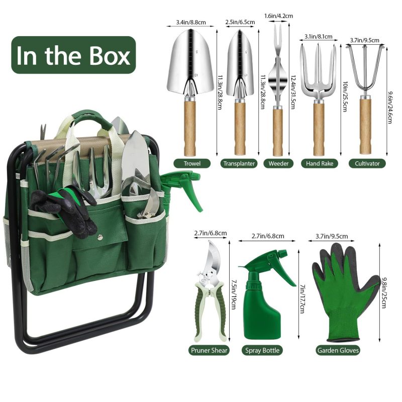 10pc-05.jpg 10-Piece Garden Tool Set with Folding Stool - Stainless Steel Gardening Kit with Storage Tote Bag
