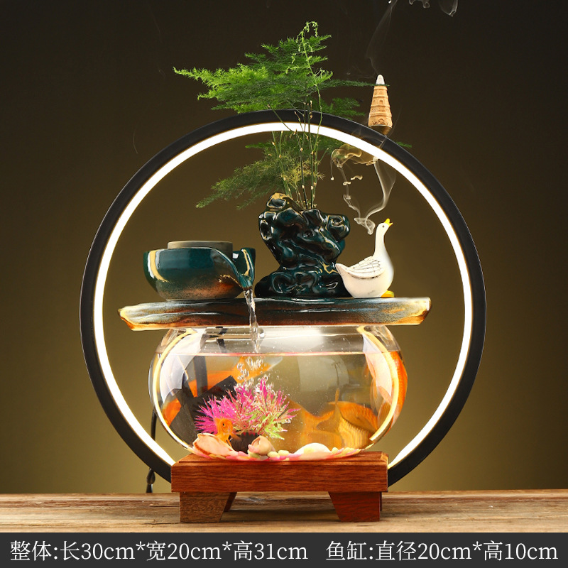 Creative Water Fountain Desk Decoration - Mini Tabletop Fish Tank LED Light Feng Shui Ornament
