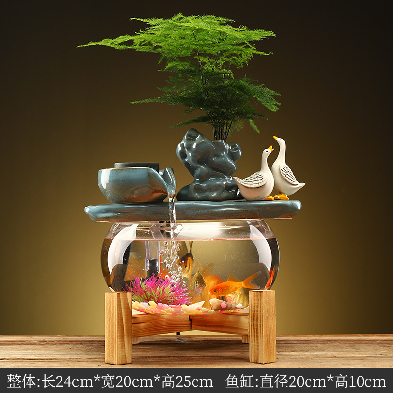Creative Water Fountain Desk Decoration - Mini Tabletop Fish Tank LED Light Feng Shui Ornament