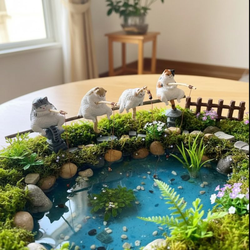Creative Fishing Cat Fish Tank Decoration - Mini Resin Sleeping Cat Aquarium Ornament