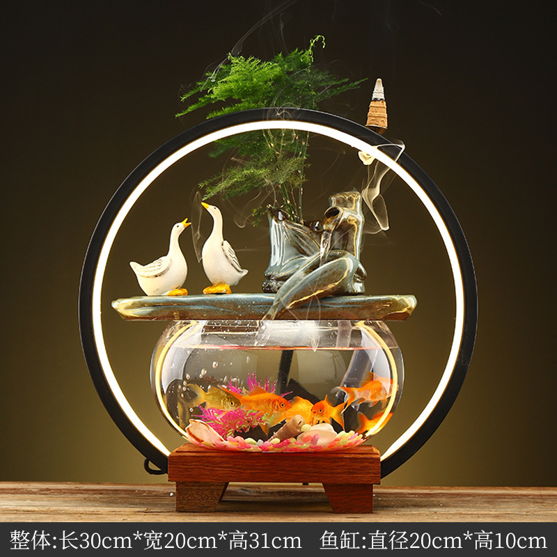 Creative Water Fountain Desk Decoration - Mini Tabletop Fish Tank LED Light Feng Shui Ornament