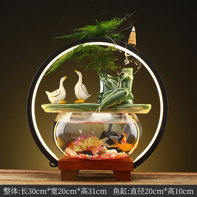 Creative Water Fountain Desk Decoration - Mini Tabletop Fish Tank LED Light Feng Shui Ornament