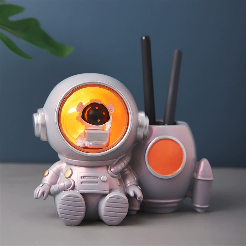 Creative Astronaut LED Pencil Holder - Resin Desk Organizer with Star Light Novelty Decor