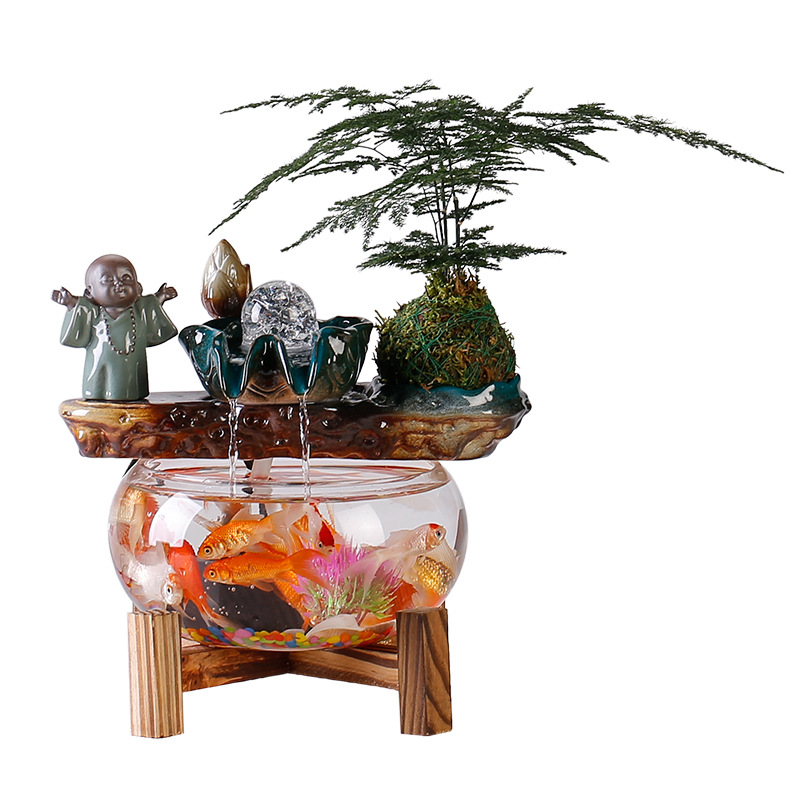 Creative Water Fountain Desk Decoration - Mini Tabletop Fish Tank LED Light Feng Shui Ornament