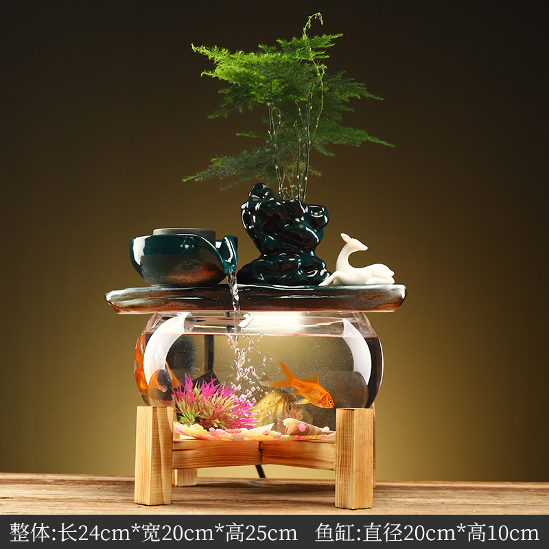 Creative Water Fountain Desk Decoration - Mini Tabletop Fish Tank LED Light Feng Shui Ornament