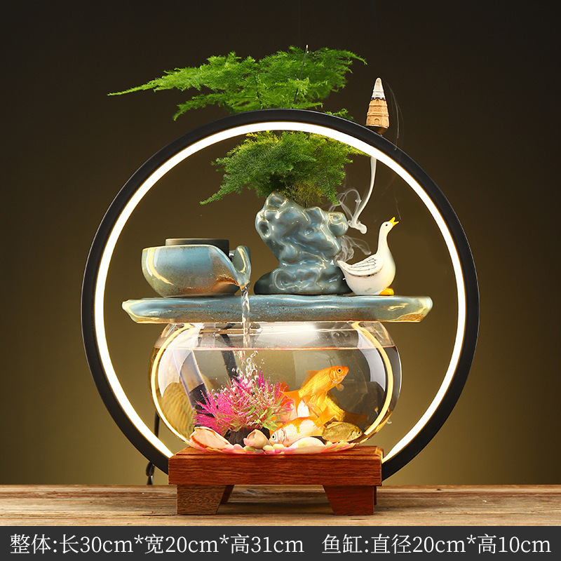 Creative Water Fountain Desk Decoration - Mini Tabletop Fish Tank LED Light Feng Shui Ornament