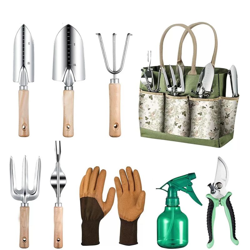Beech Wood Stainless Steel Garden Tool Set - Ergonomic Wood Handle Gardening Tools for Planting
