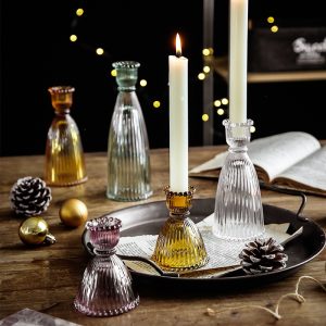 Nordic Colored Striped Glass Candle Holder - Scandinavian Style Tealight Candle Cup, 4 Colors & 3 Sizes