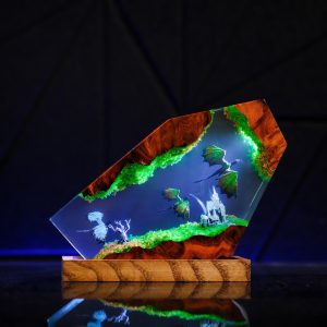 Dragon Art Resin Night Light – Wooden Base LED Desktop Decor