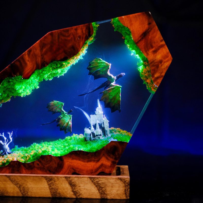 Dragon Art Resin Night Light – Wooden Base LED Desktop Decor