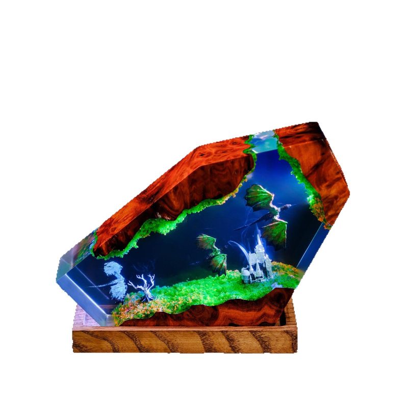 Dragon Art Resin Night Light – Wooden Base LED Desktop Decor