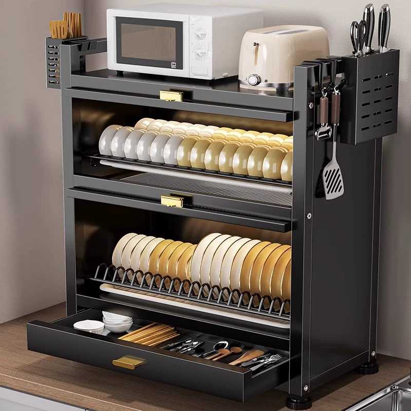 ks004_1 Kitchen Dish Rack with Cabinet Door - Dust-Proof Storage Organizer
