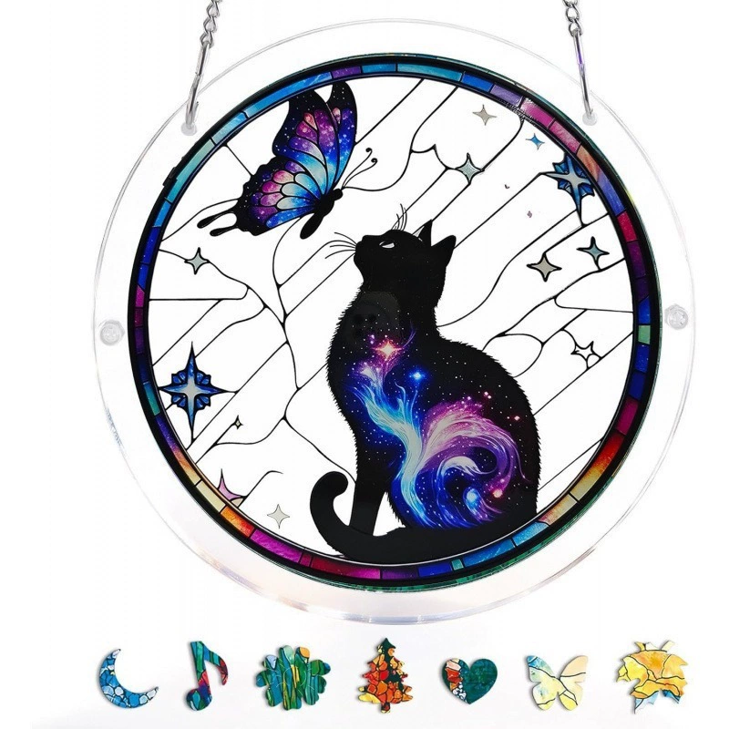 p_1783363637739_75ue Cross-border New Acrylic Puzzle Light Catcher Animal Kitten Pendant Round Window Hanging Decoration DIY Home Hanging Ornament