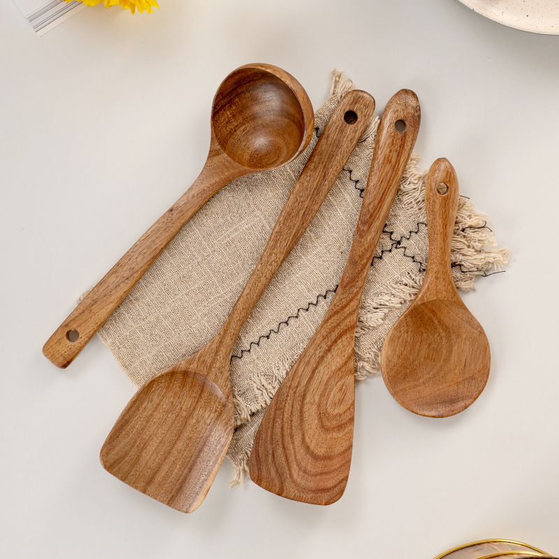 Natural Acacia Wood Kitchen Utensils Set - Wooden Spoon, Spatula & Ladle