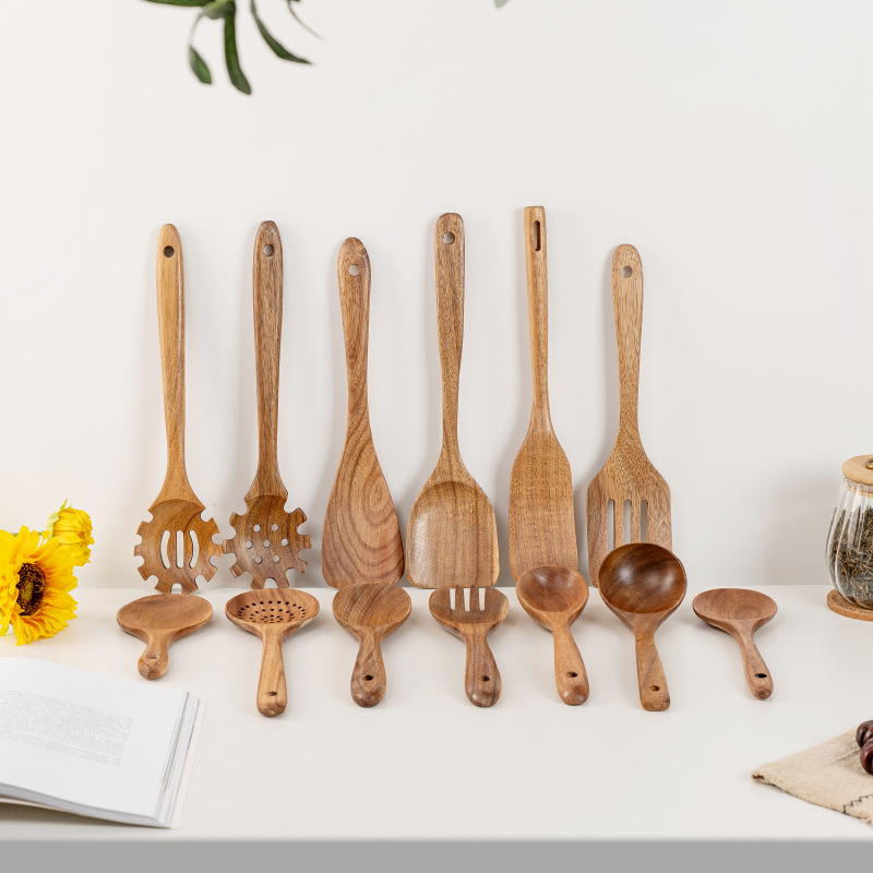 Natural Acacia Wood Kitchen Utensils Set - Wooden Spoon, Spatula & Ladle