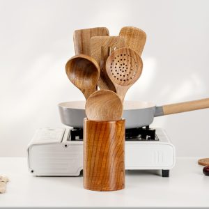 Natural Acacia Wood Kitchen Utensils Set - Wooden Spoon, Spatula & Ladle