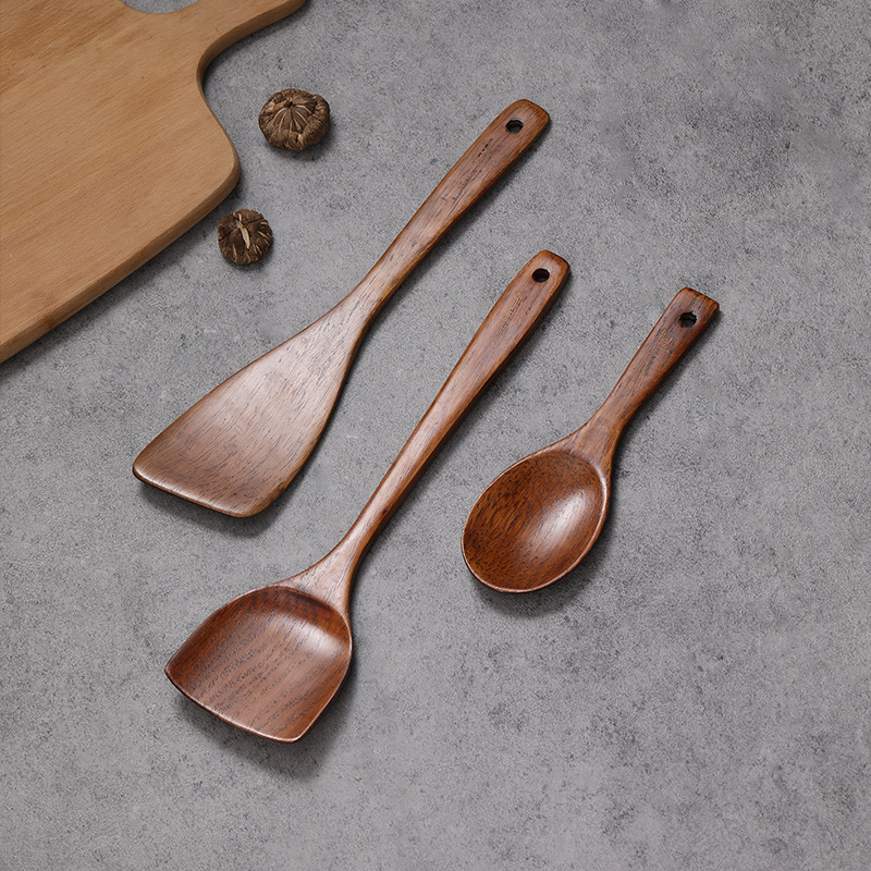 Lacquered Wooden Kitchen Utensils Set - Non-Stick Cookware Safe Spatula & Ladle