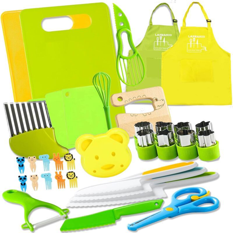 Kids Kitchen Tools Set - 28-50 Piece Children's Safe Cooking Kit with Fruit Knife & Stamps