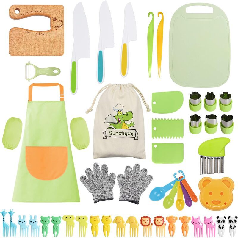 Kids Kitchen Tools Set - 28-50 Piece Children's Safe Cooking Kit with Fruit Knife & Stamps