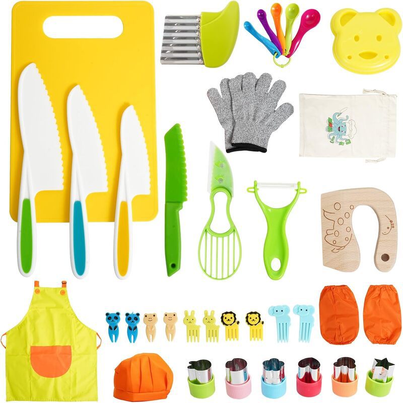 Kids Kitchen Tools Set - 28-50 Piece Children's Safe Cooking Kit with Fruit Knife & Stamps
