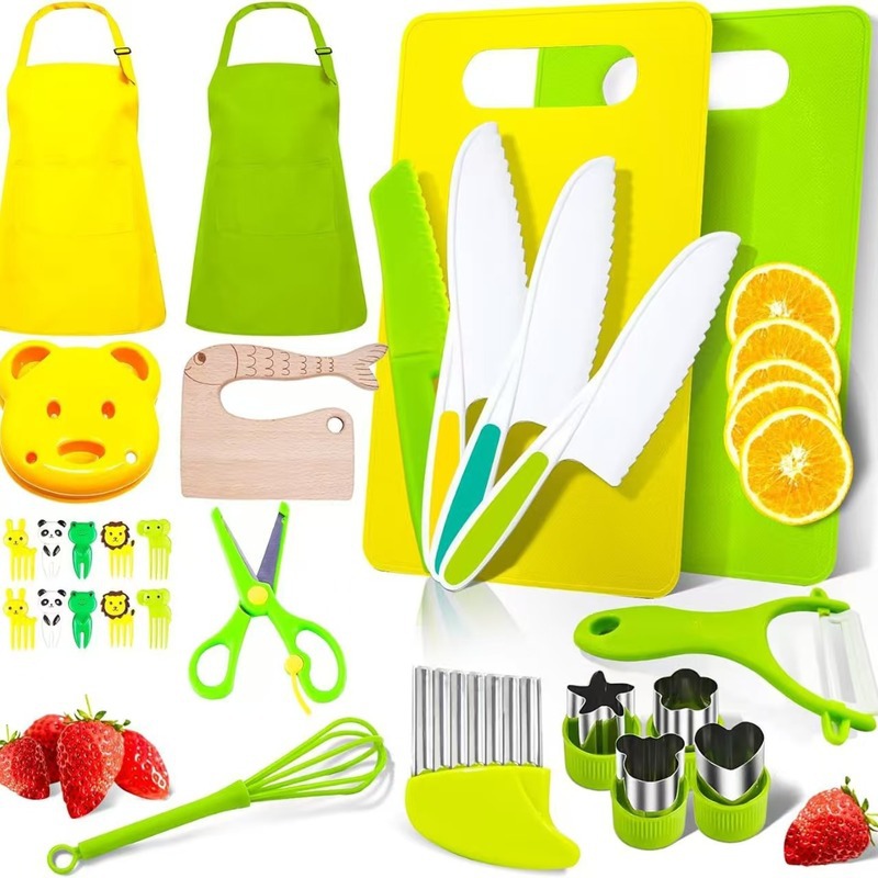 Kids Kitchen Tools Set - 28-50 Piece Children's Safe Cooking Kit with Fruit Knife & Stamps