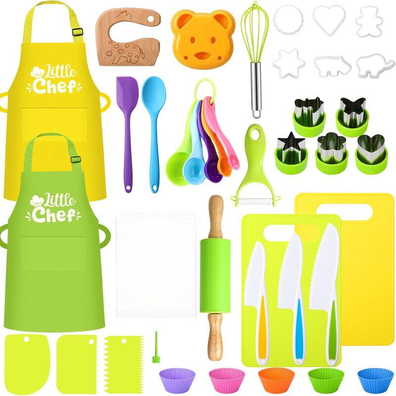 Kids Kitchen Tools Set - 28-50 Piece Children's Safe Cooking Kit with Fruit Knife & Stamps