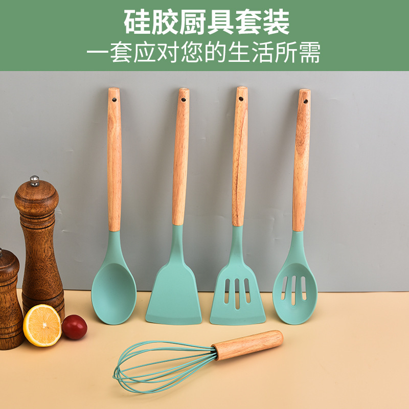 Wood Handle Silicone Kitchen Utensils 12-Piece Set with Storage Bucket