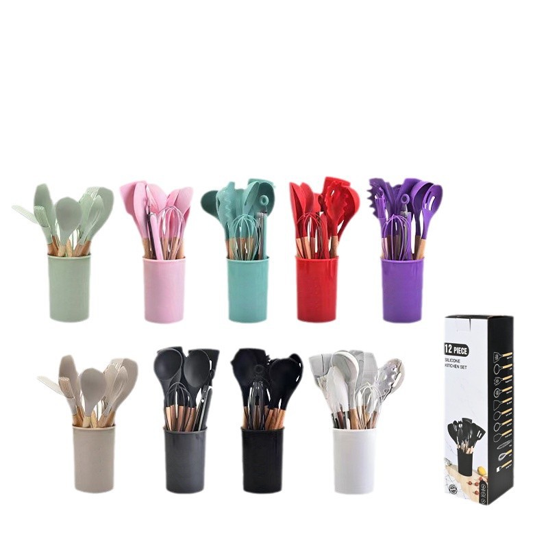 Wood Handle Silicone Kitchen Utensils 12-Piece Set with Storage Bucket