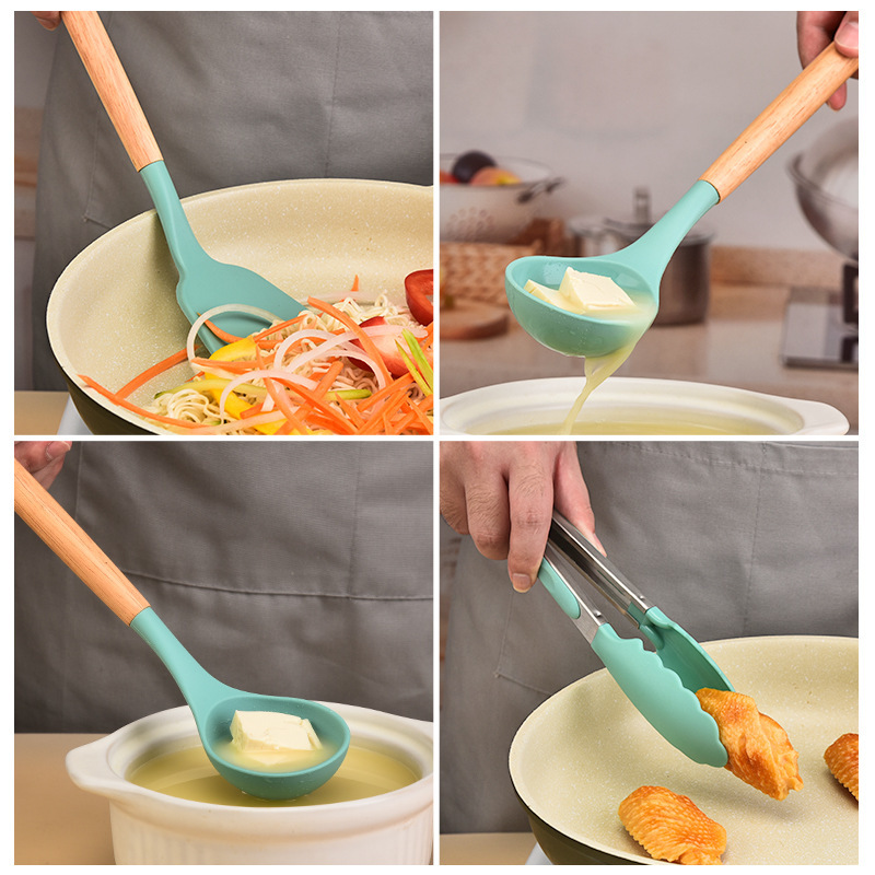Wood Handle Silicone Kitchen Utensils 12-Piece Set with Storage Bucket