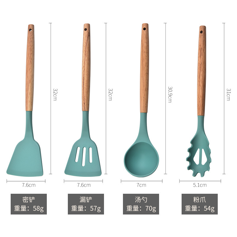 Wood Handle Silicone Kitchen Utensils 12-Piece Set with Storage Bucket
