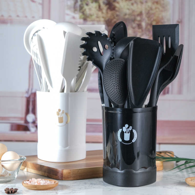 Wood Handle Silicone Kitchen Utensils 13-Piece Set with Storage Bucket
