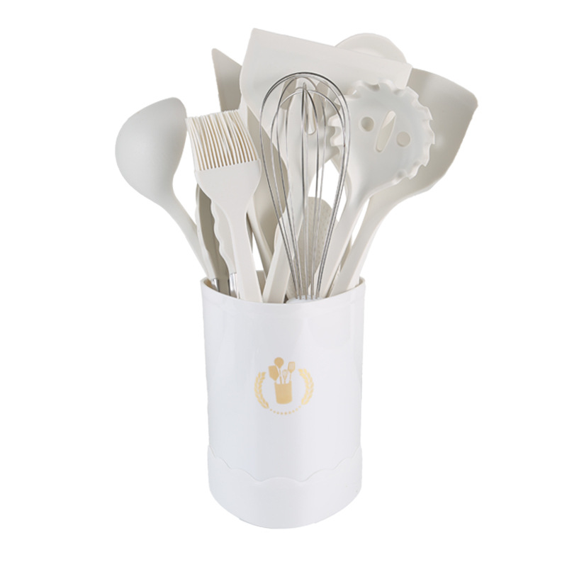 Wood Handle Silicone Kitchen Utensils 13-Piece Set with Storage Bucket