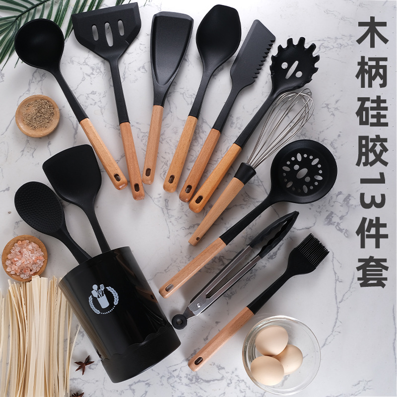 Wood Handle Silicone Kitchen Utensils 13-Piece Set with Storage Bucket
